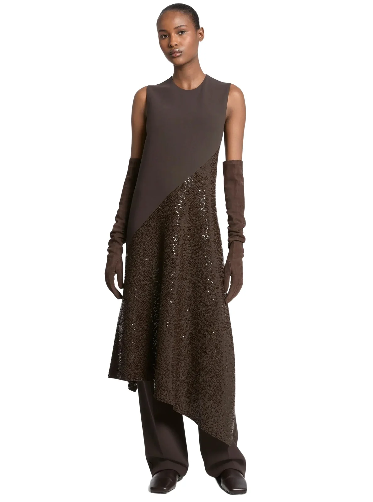 Michael Kors Collection Hand-Embroidered Sequin Double Faced Stretch Wool Dress in Brown