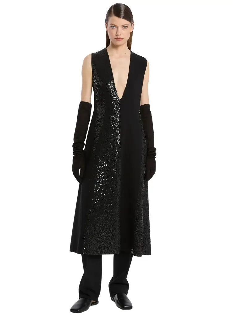 Michael Kors Collection Hand-Embellished Sequin Double Faced Stretch Wool Crepe V-Neck Dress | Image 1 Michael Kors Collection Hand-Embellished Sequin Double Faced Stretch Wool Crepe V-Neck Dress | Image 1