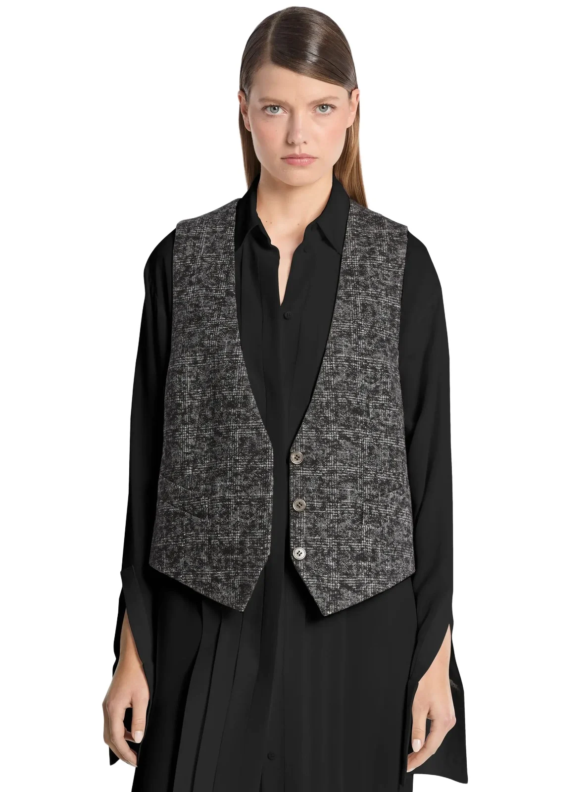 Michael Kors Collection Cropped Smudge Glen Plaid Wool Vest in Black