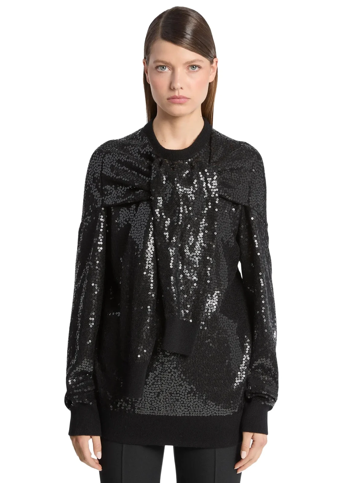 Michael Kors Collection Hand-Embroidered Sequin Cashmere Scarf-Effect Sweater in Black