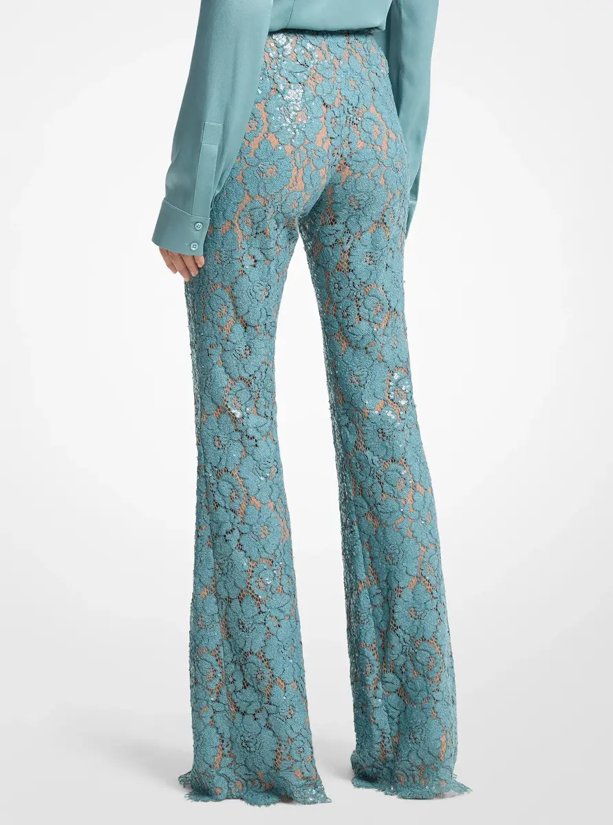 Michael Kors Collection Hand-Embroidered Sequin Floral Lace Flared Pants in Blue | Thumbnail 2