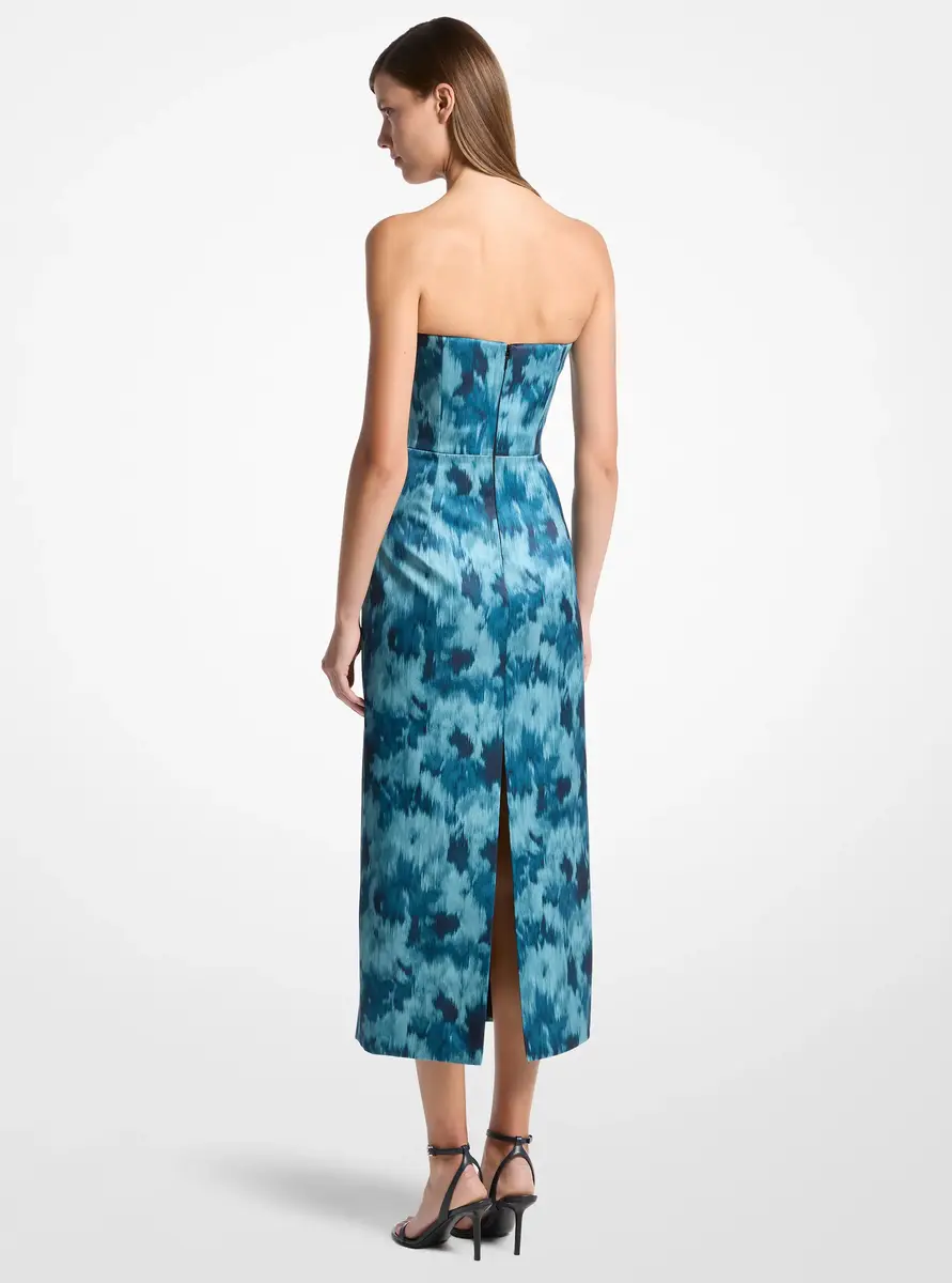 Michael Kors Collection Floral Chiné Satin Duchesse Bustier Strapless Sheath Dress in Blue | Thumbnail 2 Michael Kors Collection Floral Chiné Satin Duchesse Bustier Strapless Sheath Dress in Blue | Thumbnail 2