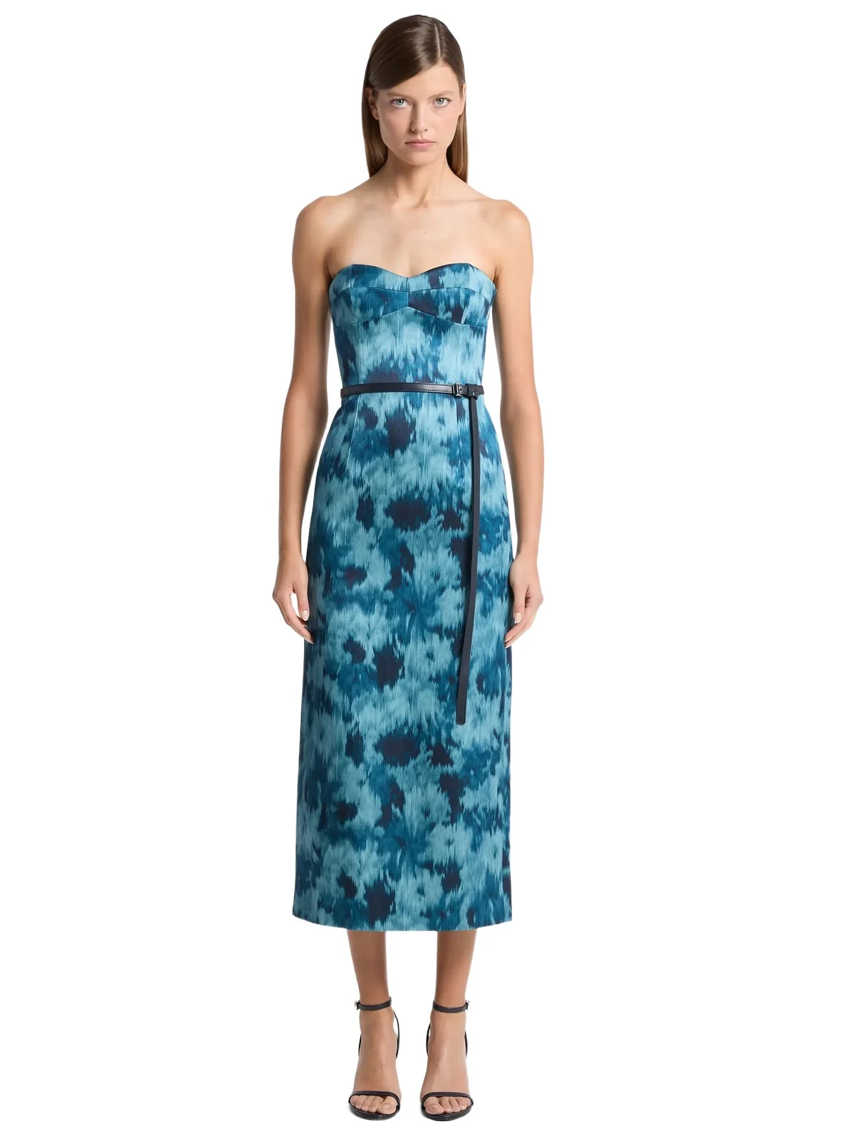 Michael Kors Collection Floral Chiné Satin Duchesse Bustier Strapless Sheath Dress in Blue