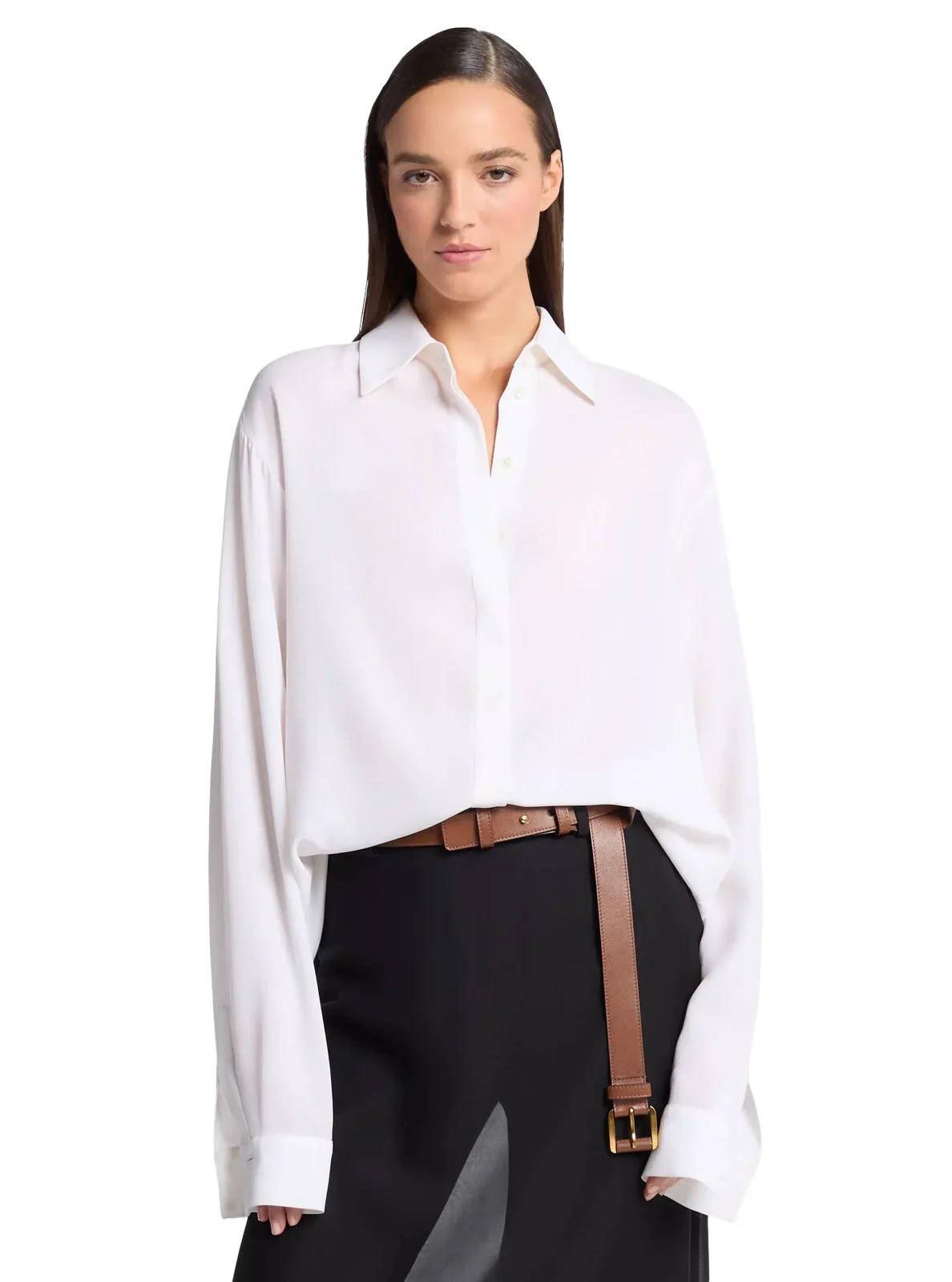 Silk Georgette Boyfriend Button Down Shirt in White