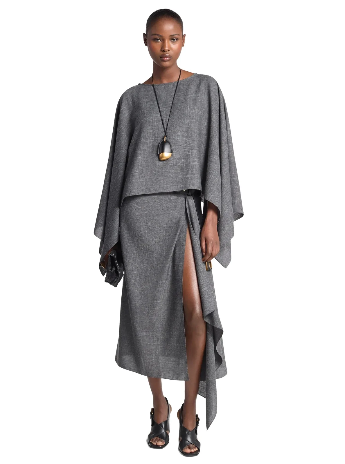 Michael Kors Collection Wool and Silk Blend Kimono Scarf Dress in Grey