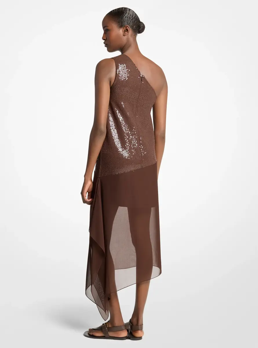Michael Kors Collection Hand-Embellished Sequin Stretch Wool Crepe Veiled Dress in Brown | Thumbnail 2 Michael Kors Collection Hand-Embellished Sequin Stretch Wool Crepe Veiled Dress in Brown | Thumbnail 2