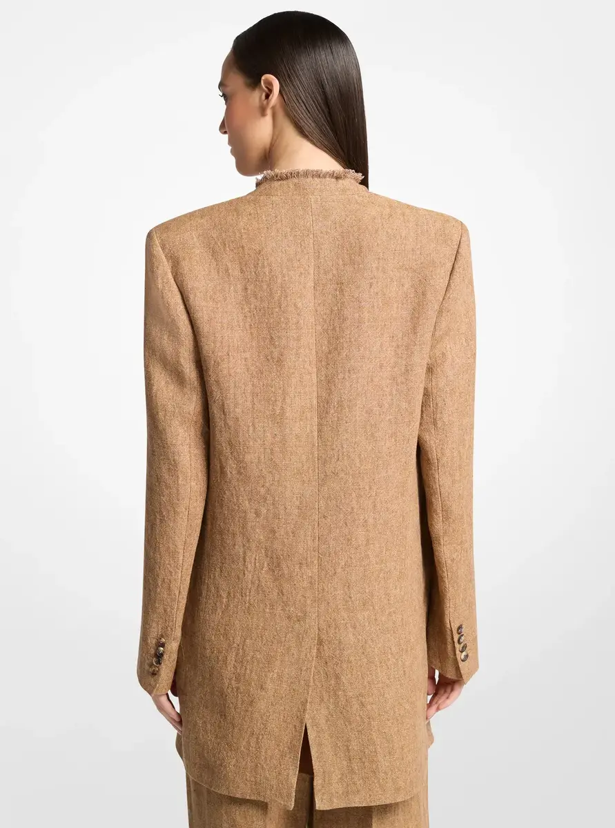 Michael Kors Collection Frayed Linen Collarless Blazer in Brown | Thumbnail 2