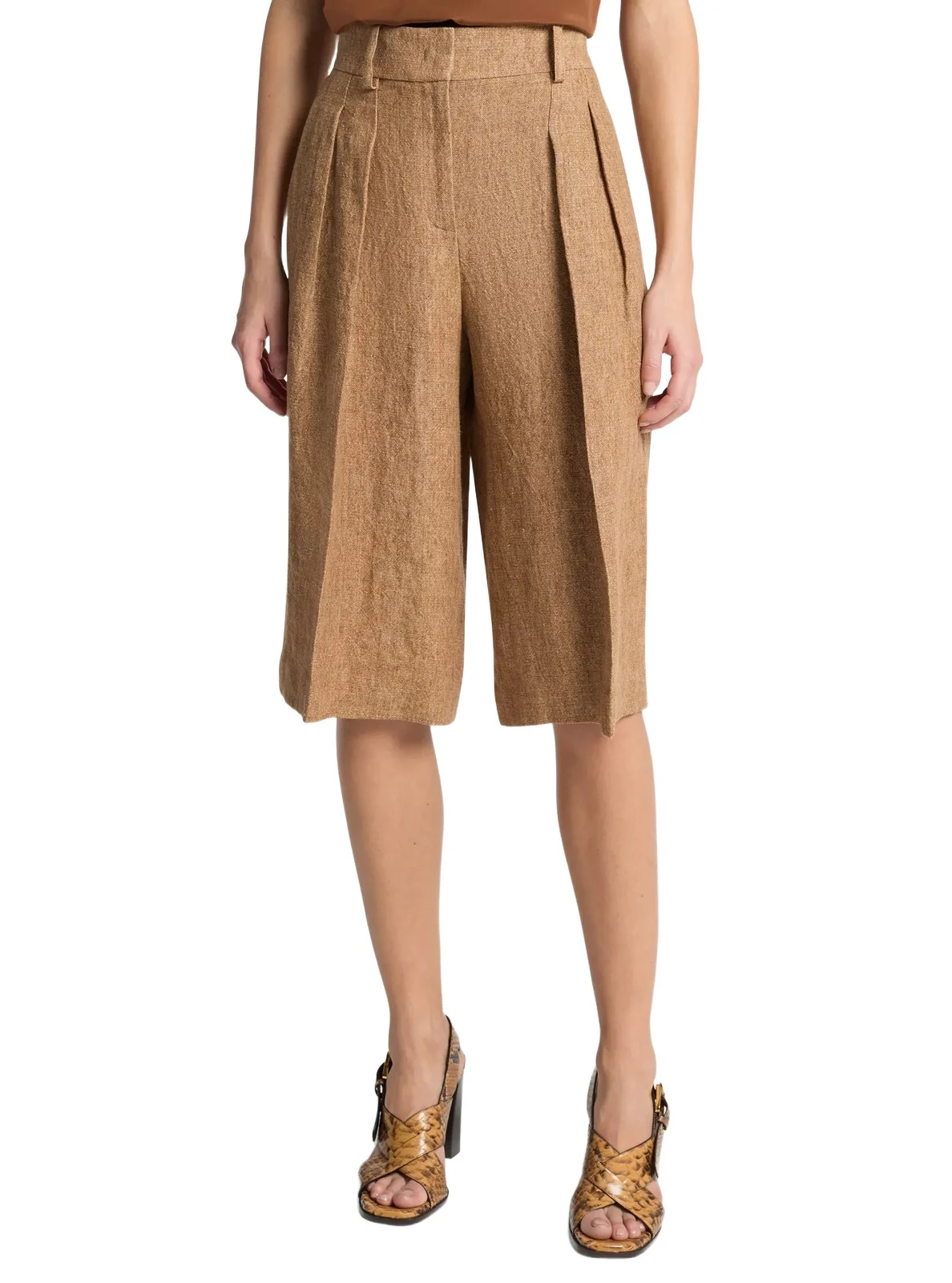Michael Kors Collection Pleated Linen Trouser Shorts in Brown