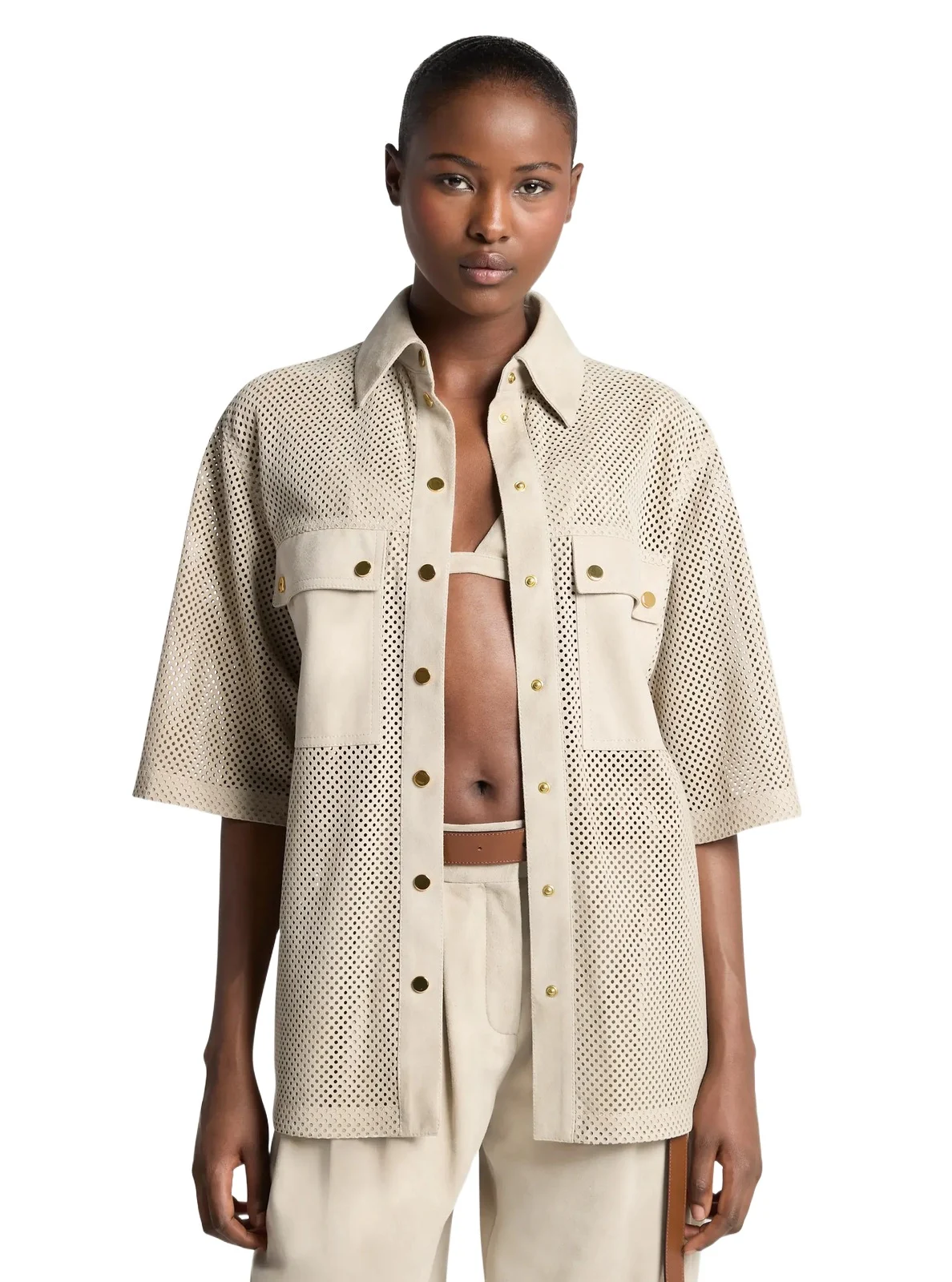 Michael Kors Collection Perforated Suede Safari Shirt in Natural