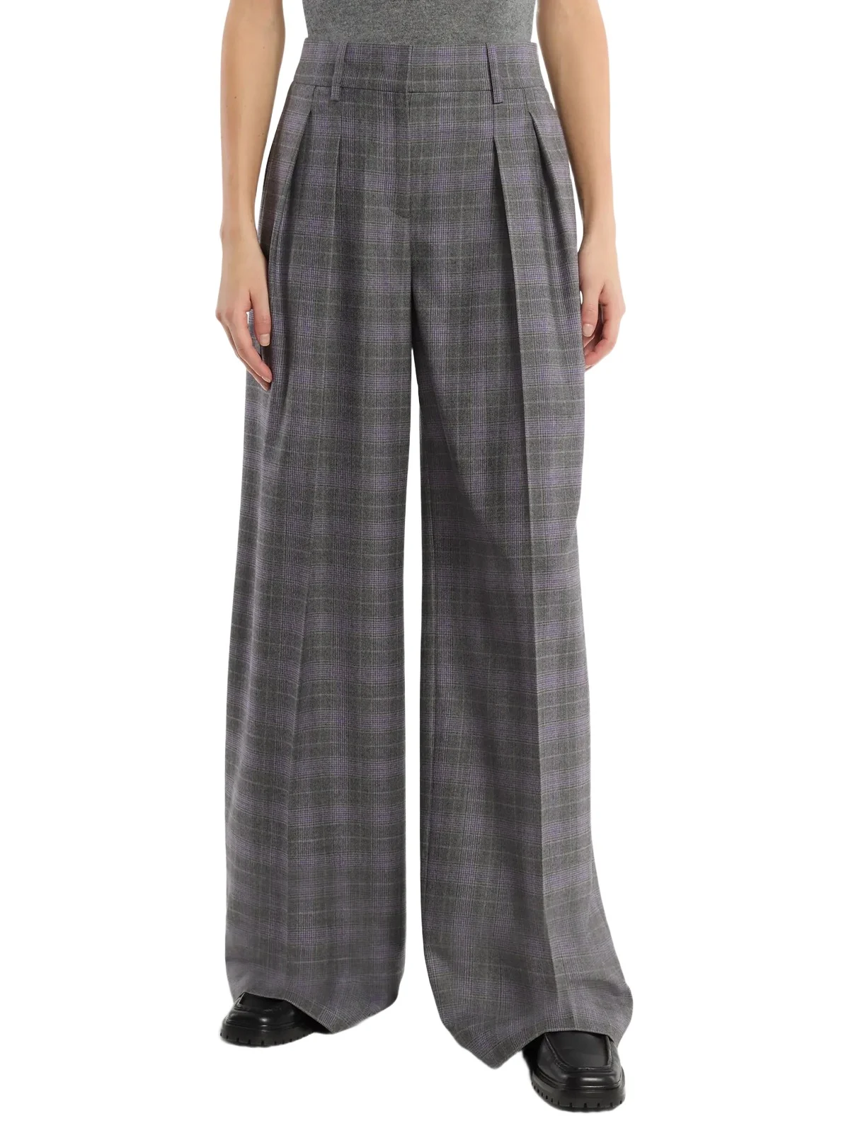 Glen Plaid Wool Pleated Slouch Trousers in Grey
