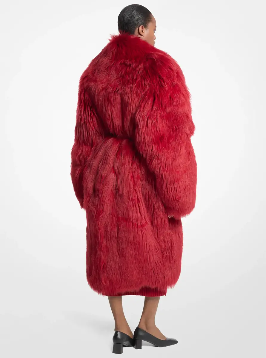 Michael Kors Collection Belted Shearling Shawl Collar Coat in Red | Thumbnail 2 Michael Kors Collection Belted Shearling Shawl Collar Coat in Red | Thumbnail 2