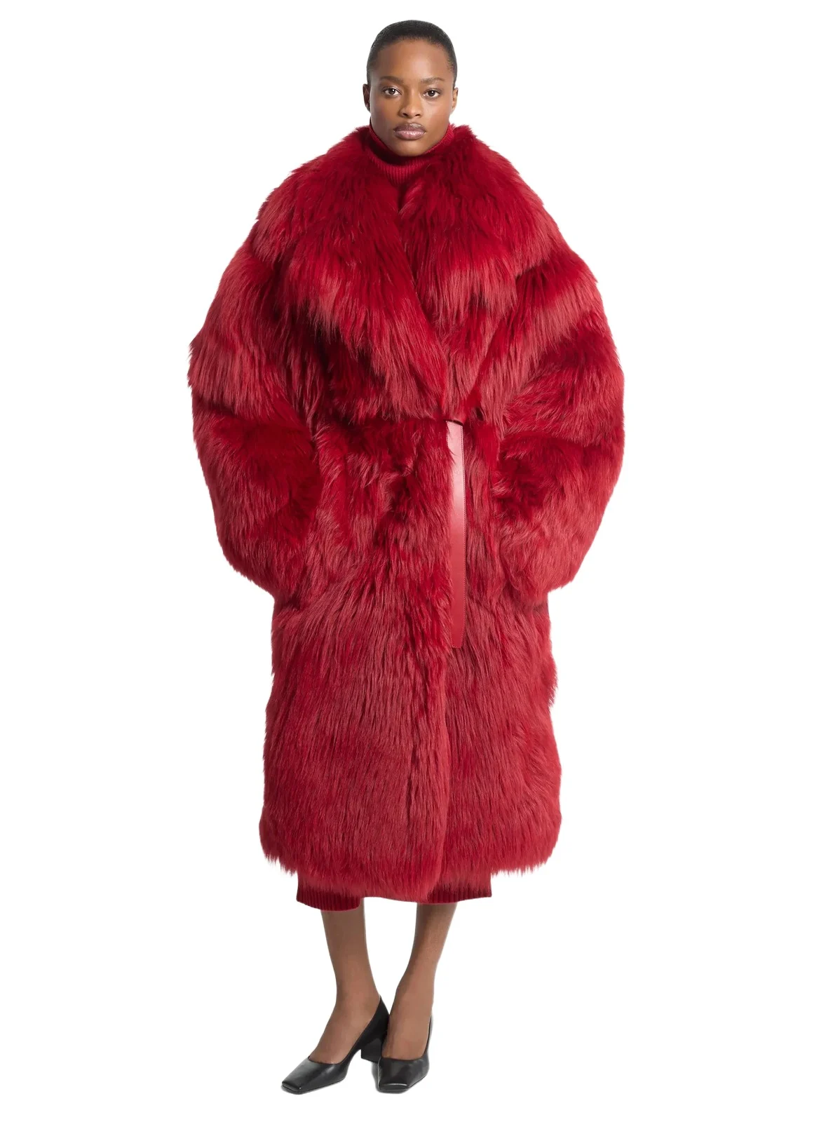 Belted Shearling Shawl Collar Coat in Red Belted Shearling Shawl Collar Coat in Red
