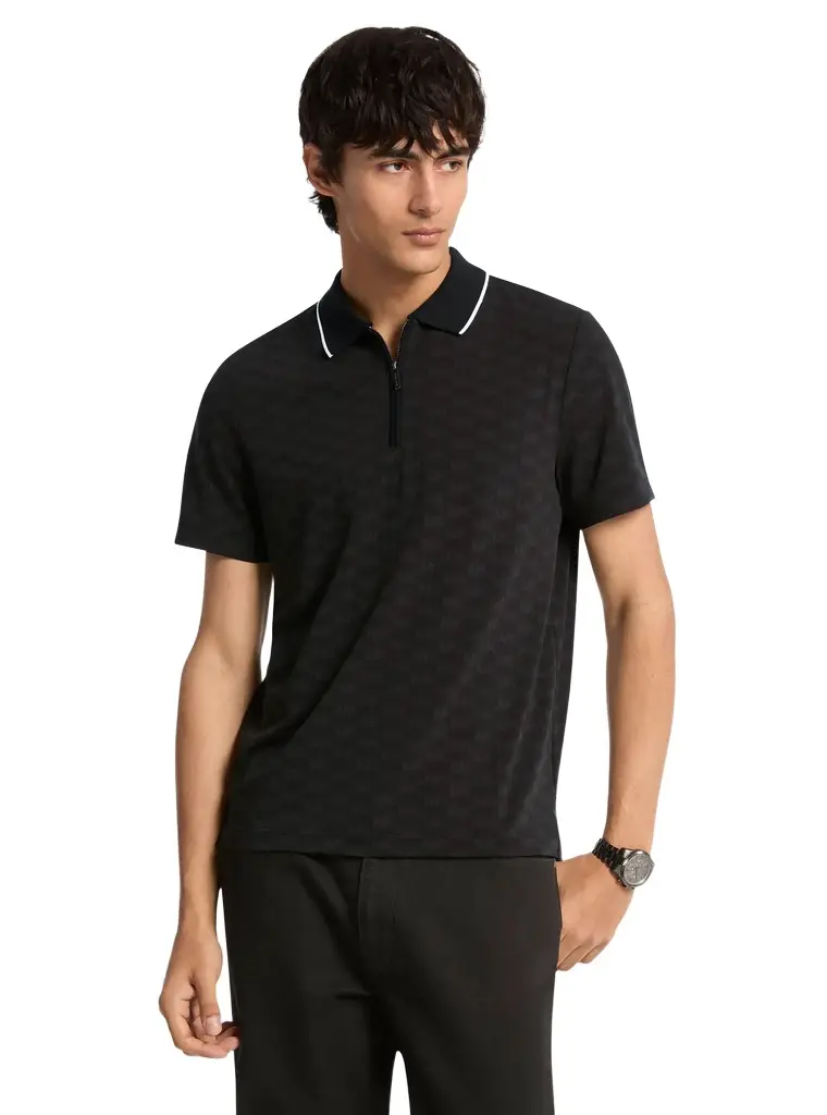 Michael Kors Collection Logo Jacquard Zip-Up Polo Shirt in Black