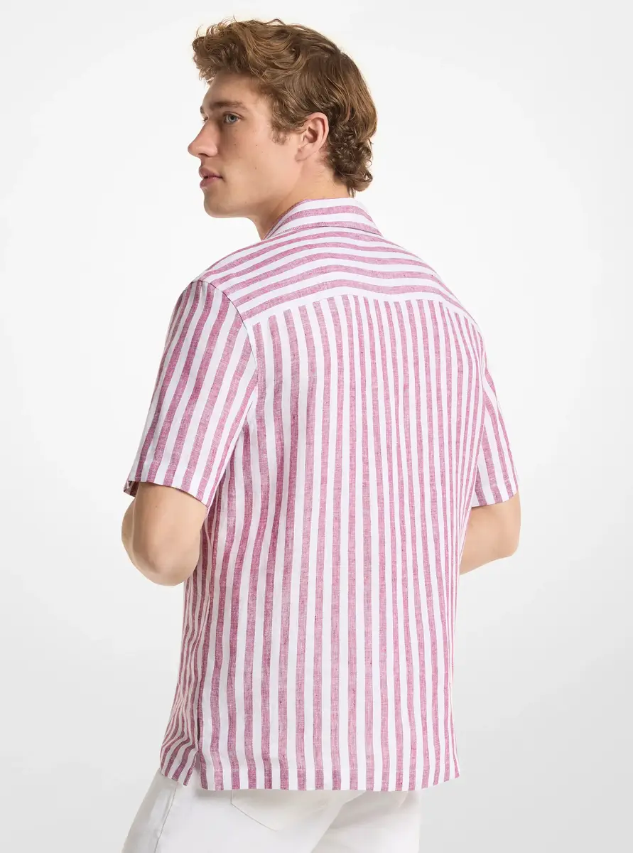 Michael Kors Collection Striped Linen Camp Shirt in Purple | Thumbnail 2 Michael Kors Collection Striped Linen Camp Shirt in Purple | Thumbnail 2