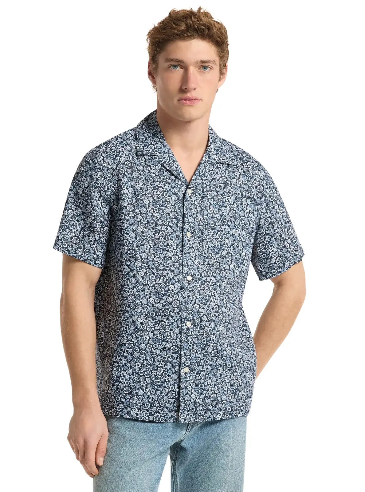 Michael Kors Collection Floral Print Linen Camp Shirt in Blue