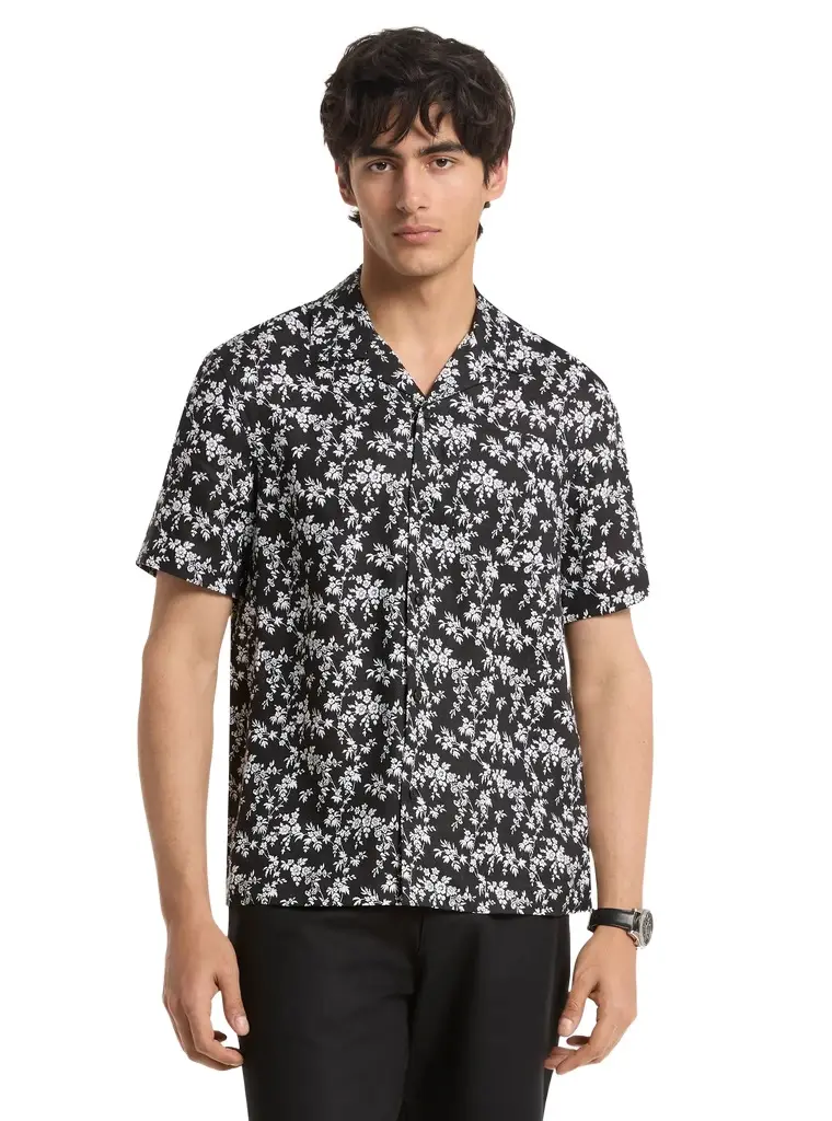 Michael Kors Collection Floral Print Linen Camp Shirt in
