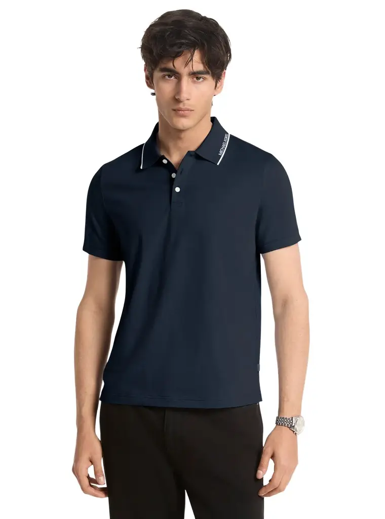 Michael Kors Collection Logo Trim Cotton Jersey Polo Shirt in Blue