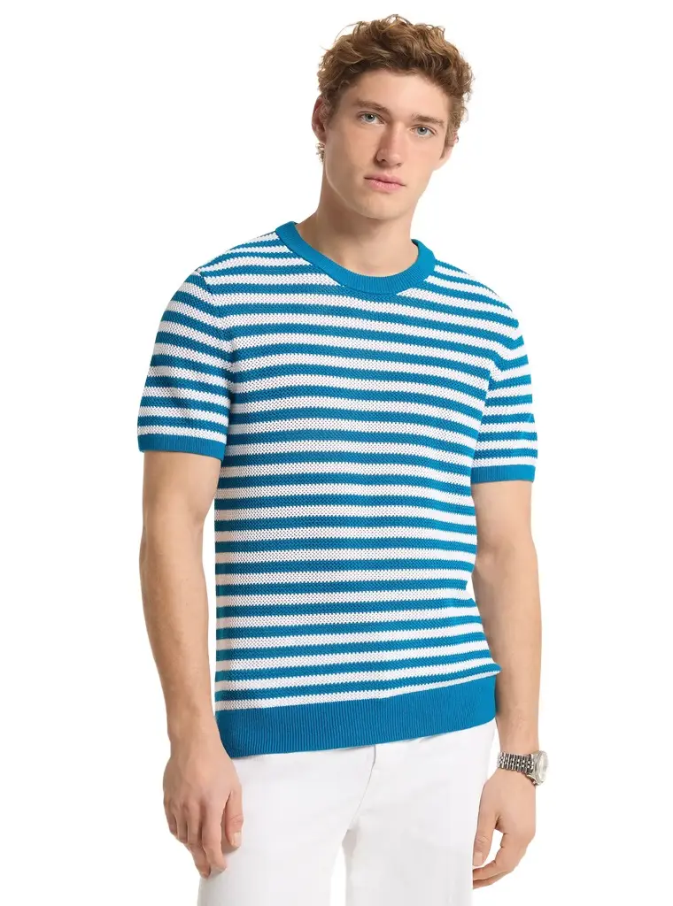 Michael Kors Collection Striped Mesh Cotton Short-Sleeve Sweater in