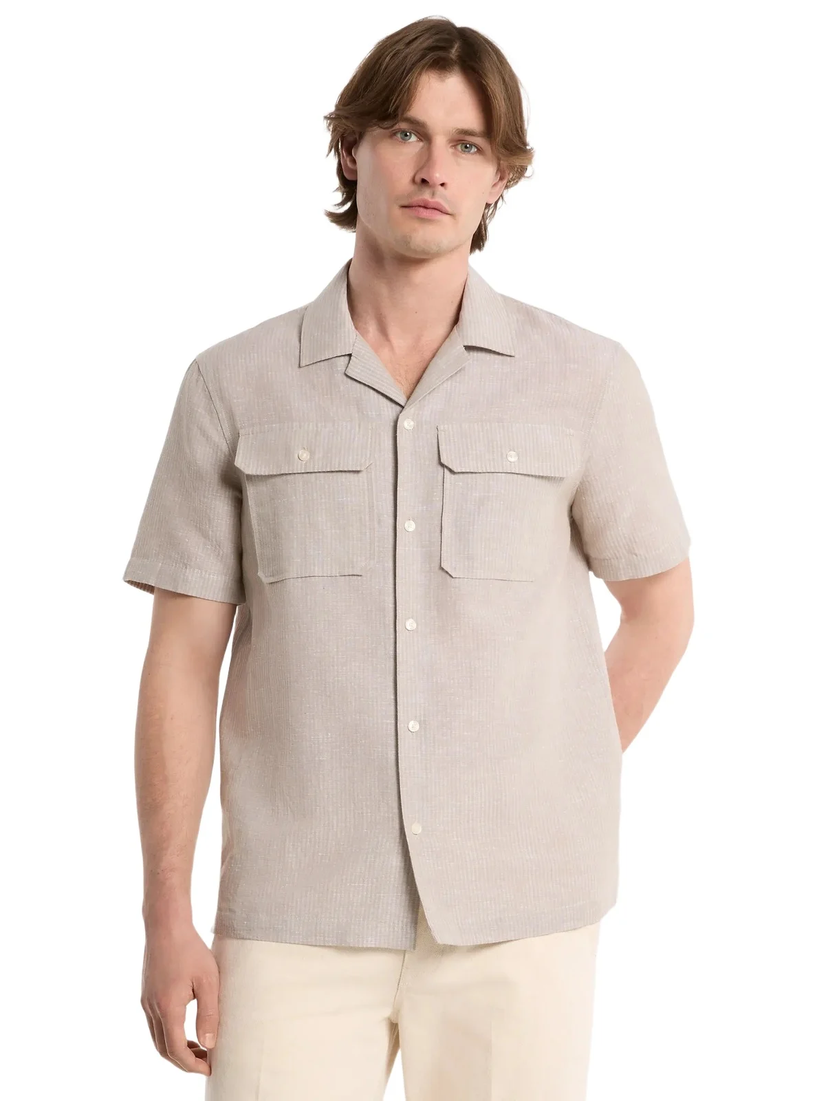 Striped Linen Cotton Camp Shirt in Green Striped Linen Cotton Camp Shirt in Green