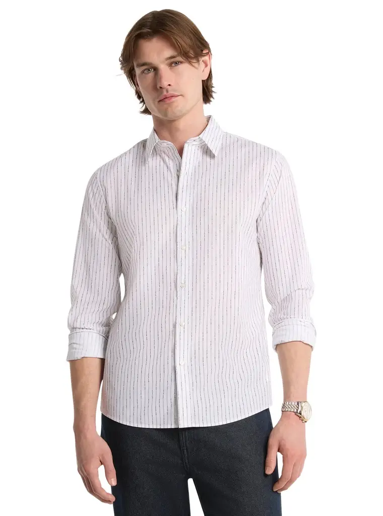 Michael Kors Collection Logo Pinstripe Stretch Cotton Shirt in White | Image 1 Michael Kors Collection Logo Pinstripe Stretch Cotton Shirt in White | Image 1