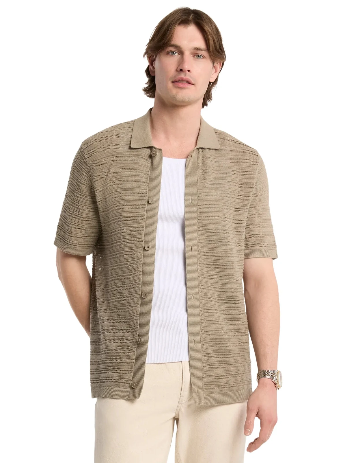 Open-Stitch Cotton Shirt in Green Open-Stitch Cotton Shirt in Green
