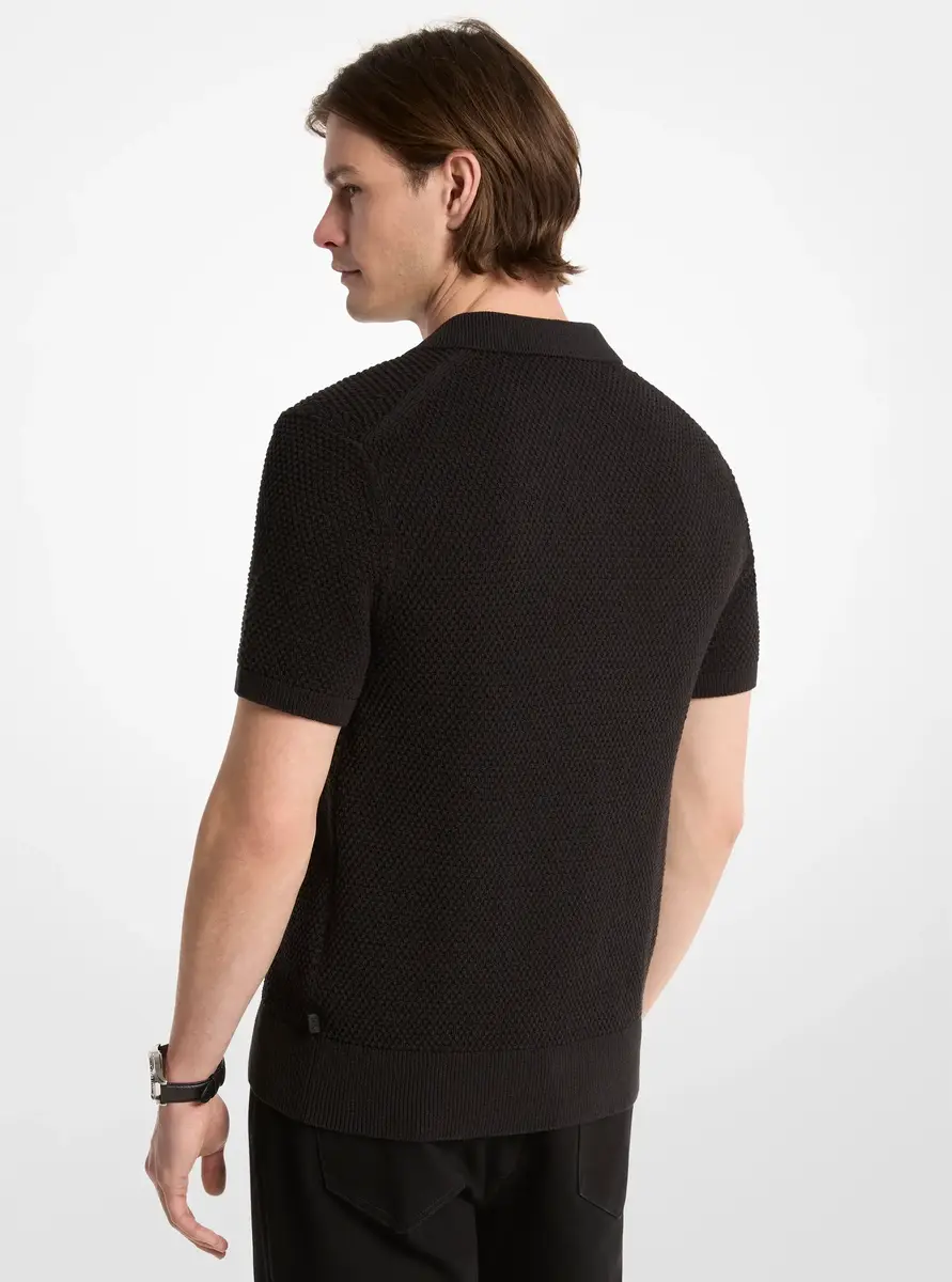 Michael Kors Collection Johnny Textured Knit Cotton Polo Shirt in Black | Thumbnail 2