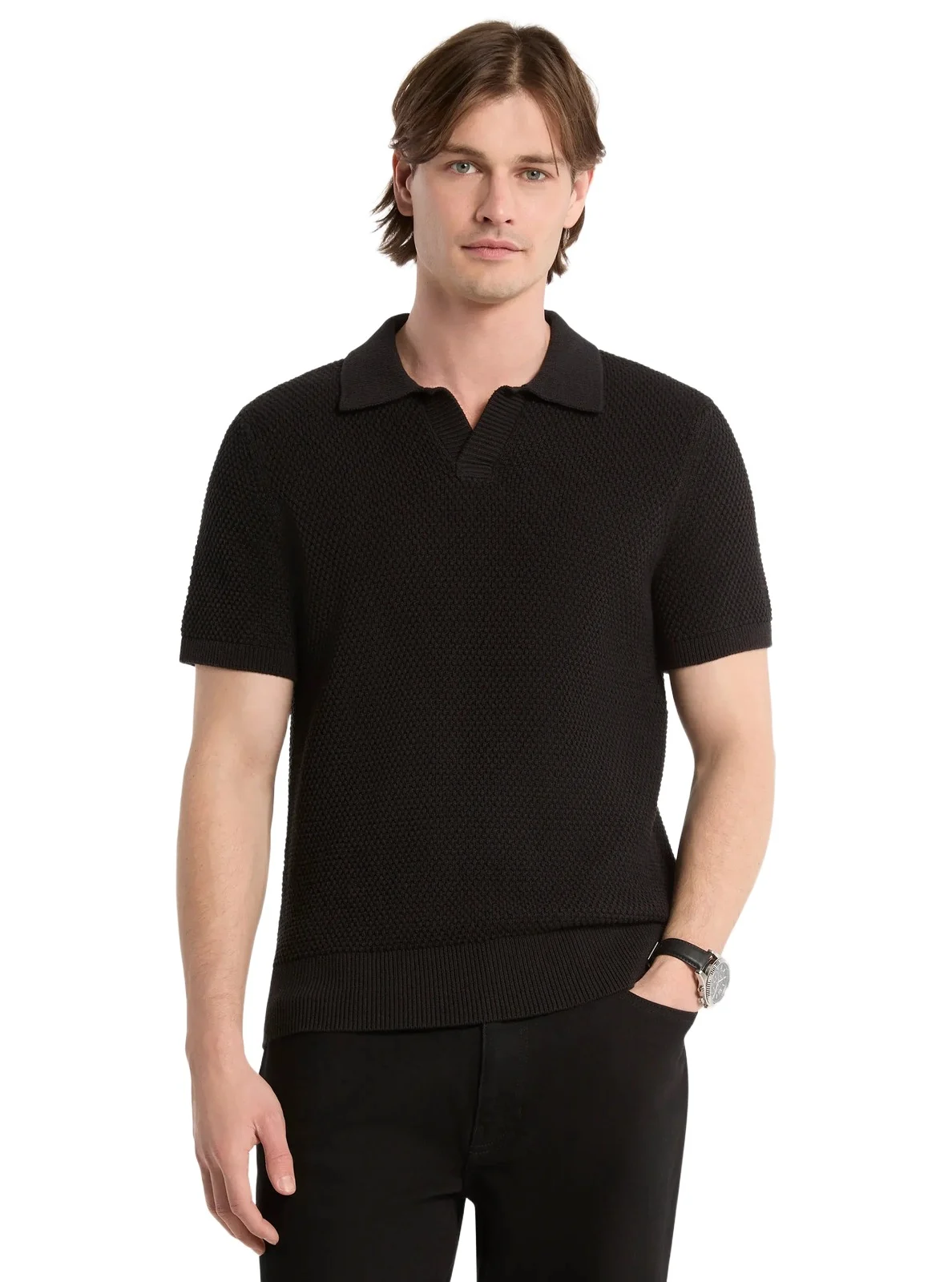 Johnny Textured Knit Cotton Polo Shirt in Black Johnny Textured Knit Cotton Polo Shirt in Black