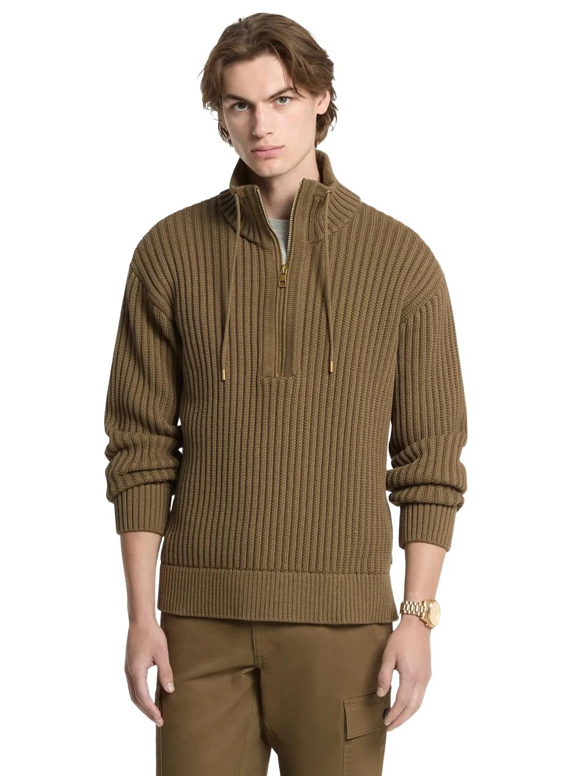 Textured Cotton Blend Funnel-Neck Sweater in Green Textured Cotton Blend Funnel-Neck Sweater in Green