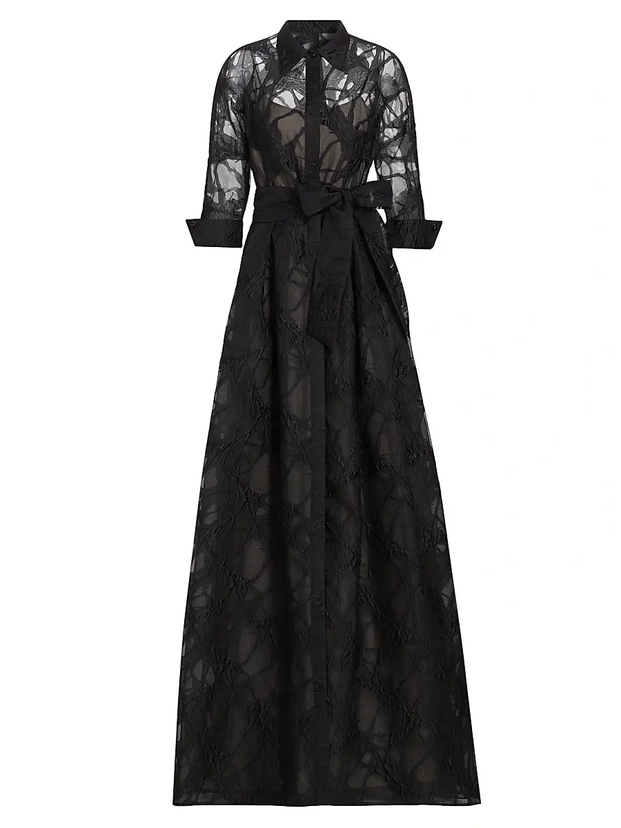 Teri Jon by Rickie Freeman Women's Web Organza Shirtwaist Gown - Black Beige | Image 1 Teri Jon by Rickie Freeman Women's Web Organza Shirtwaist Gown - Black Beige | Image 1