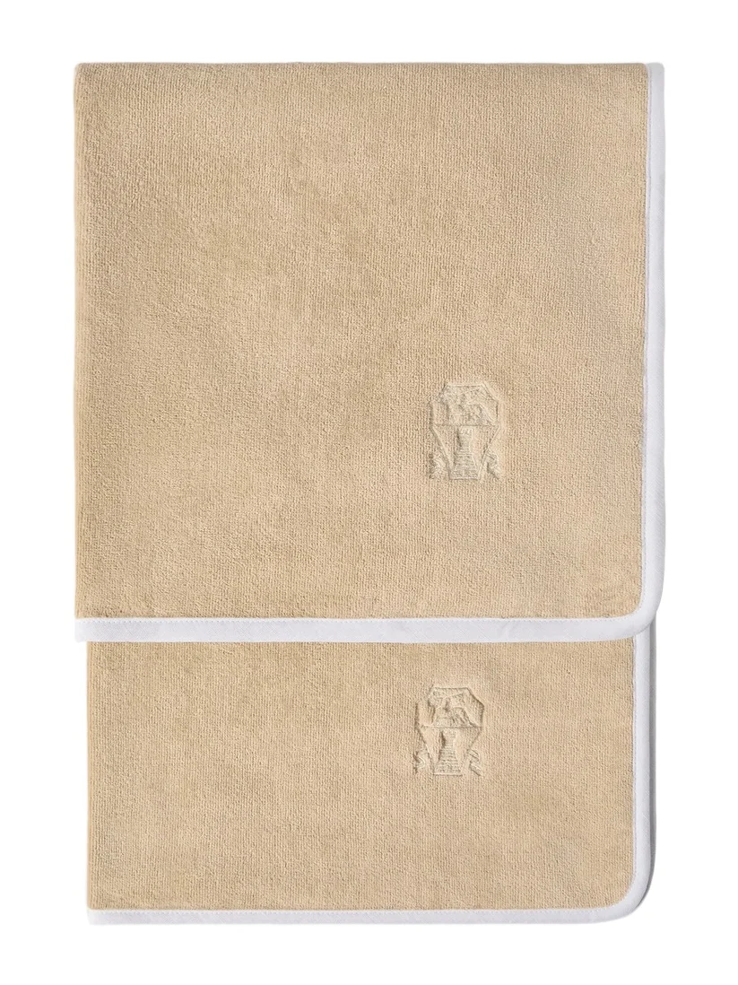 Brunello Cucinelli 2 Piece Cotton Terrycloth Bath Towel Set with Embroidery - Warm Beige