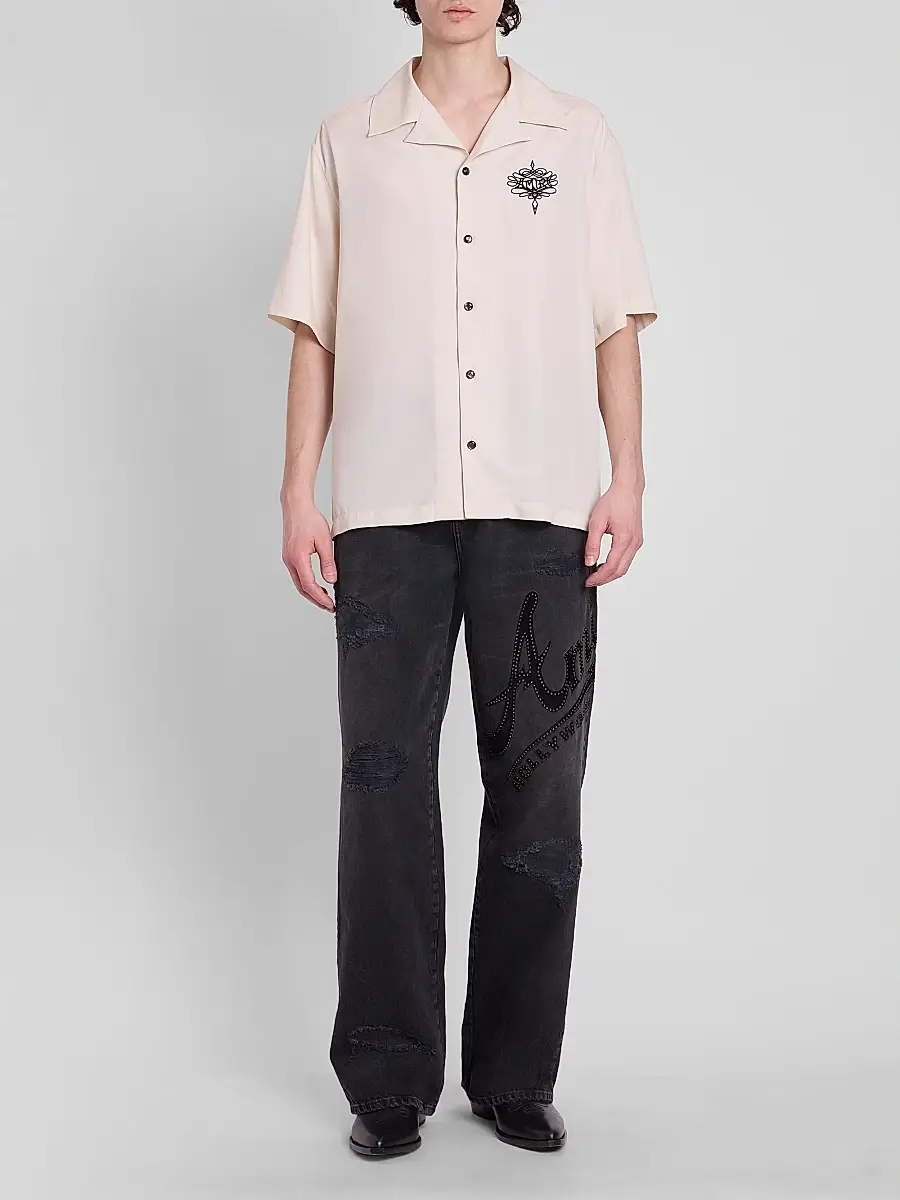 AMIRI Men's Hollywood Logo Embellished Cotton Wide-Leg Jeans | Thumbnail 2