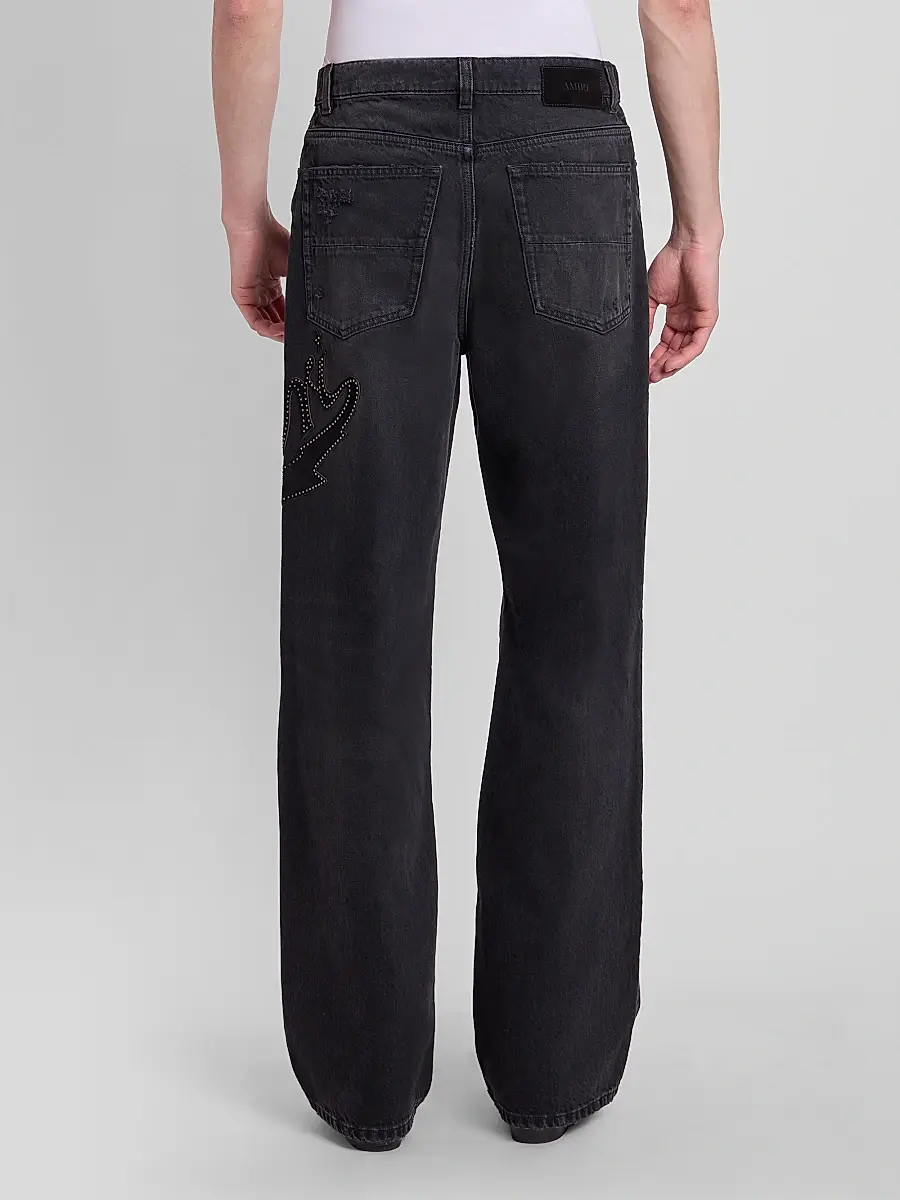 AMIRI Men's Hollywood Logo Embellished Cotton Wide-Leg Jeans | Thumbnail 3