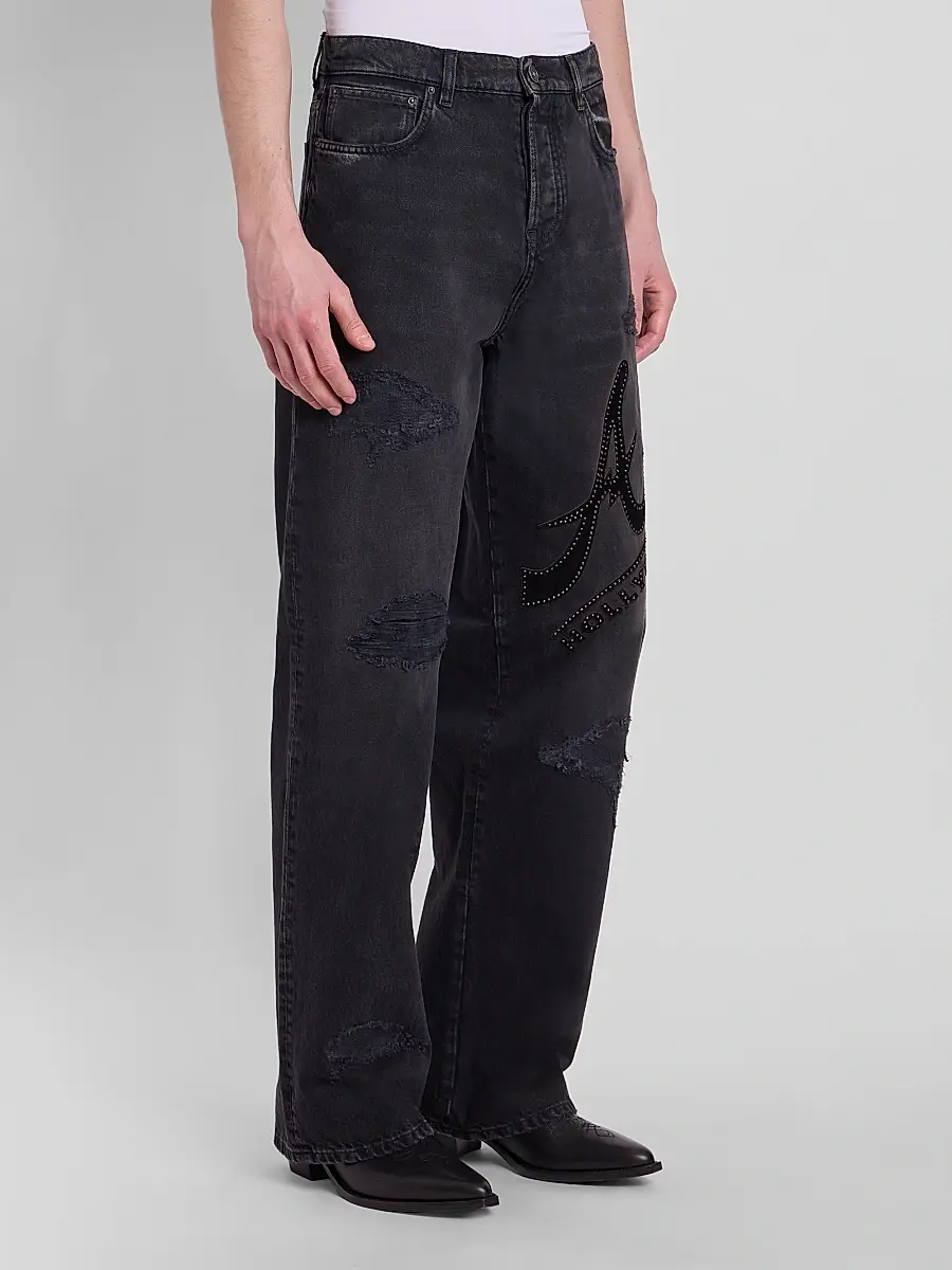 AMIRI Men's Hollywood Logo Embellished Cotton Wide-Leg Jeans | Thumbnail 4