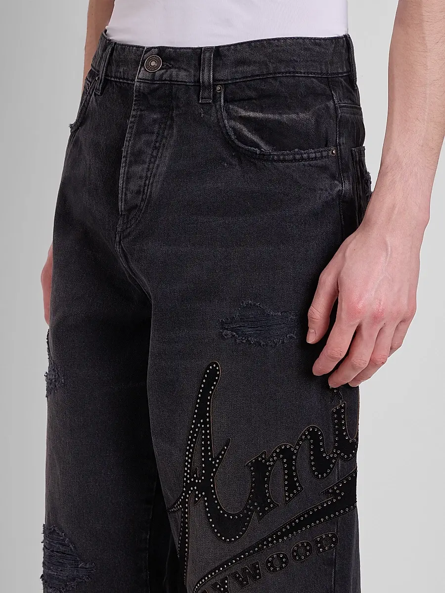 AMIRI Men's Hollywood Logo Embellished Cotton Wide-Leg Jeans | Thumbnail 5