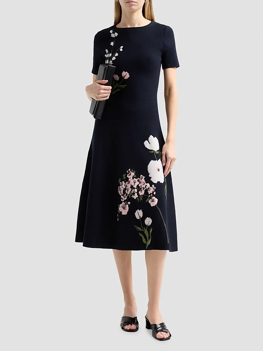 Oscar de la Renta Women's Floral Jacquard Knit Midi Dress | Thumbnail 2 Oscar de la Renta Women's Floral Jacquard Knit Midi Dress | Thumbnail 2