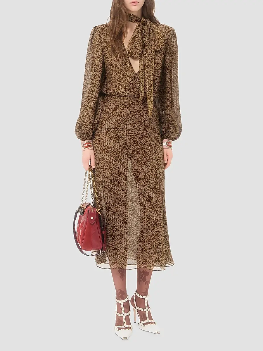 Valentino Women's Creponne Lamé Dress With Embroidered Fauve Eclat Print | Thumbnail 2
