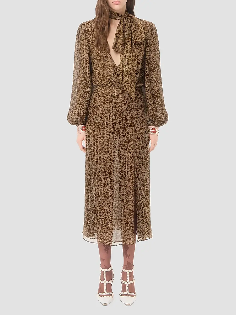 Valentino Women's Creponne Lamé Dress With Embroidered Fauve Eclat Print | Thumbnail 3