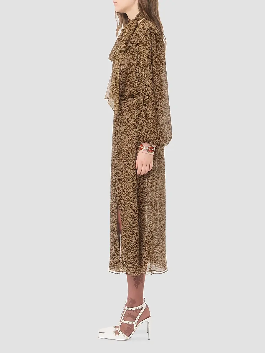 Valentino Women's Creponne Lamé Dress With Embroidered Fauve Eclat Print | Thumbnail 4