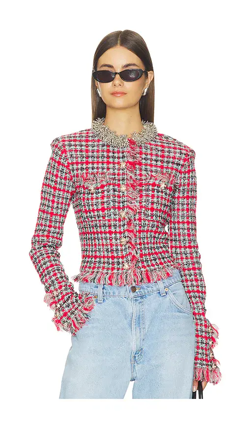 self-portrait Red Check Frayed Knit Jacket | Image 1 self-portrait Red Check Frayed Knit Jacket | Image 1