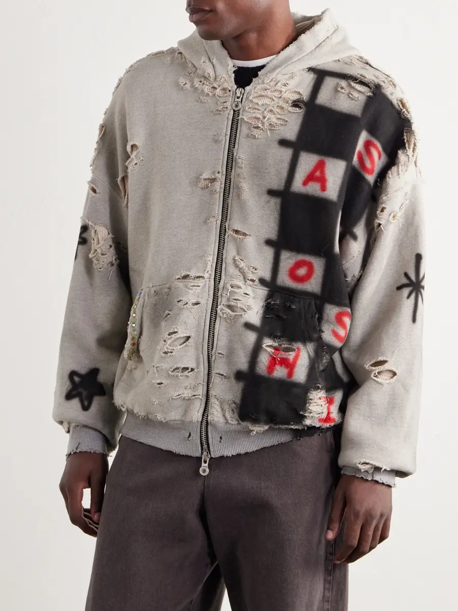Satoshi Nakamoto Get What I Want Distressed Embellished Cotton-Jersey Zip-Up Hoodie - Men | Thumbnail 3 Satoshi Nakamoto Get What I Want Distressed Embellished Cotton-Jersey Zip-Up Hoodie - Men | Thumbnail 3