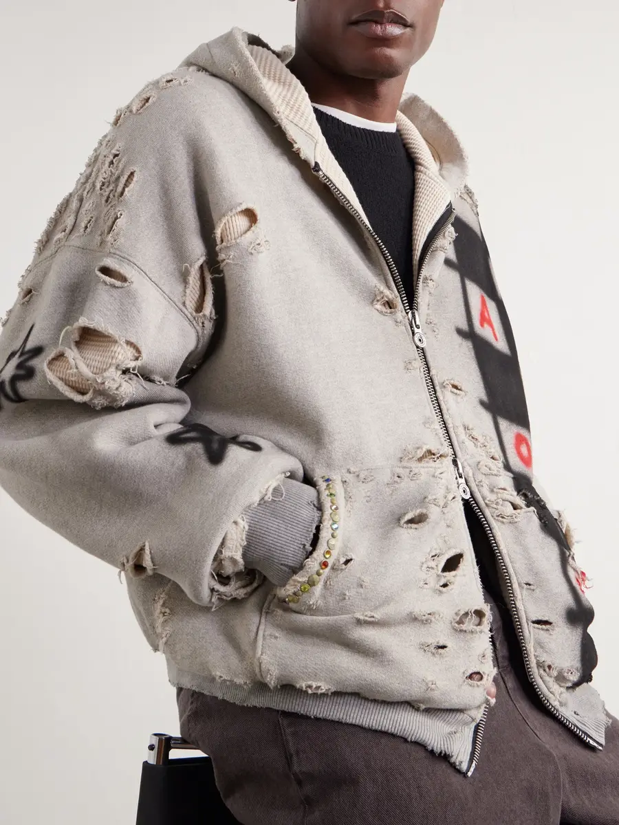 Satoshi Nakamoto Get What I Want Distressed Embellished Cotton-Jersey Zip-Up Hoodie - Men | Thumbnail 5 Satoshi Nakamoto Get What I Want Distressed Embellished Cotton-Jersey Zip-Up Hoodie - Men | Thumbnail 5