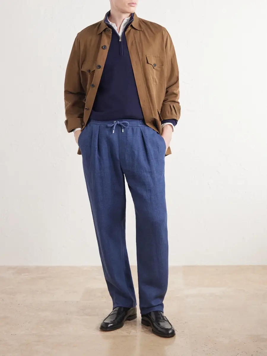Ralph Lauren Purple Label Prince of Wales Linen Straight-Leg Pleated Drawstring Trousers - Men | Thumbnail 2