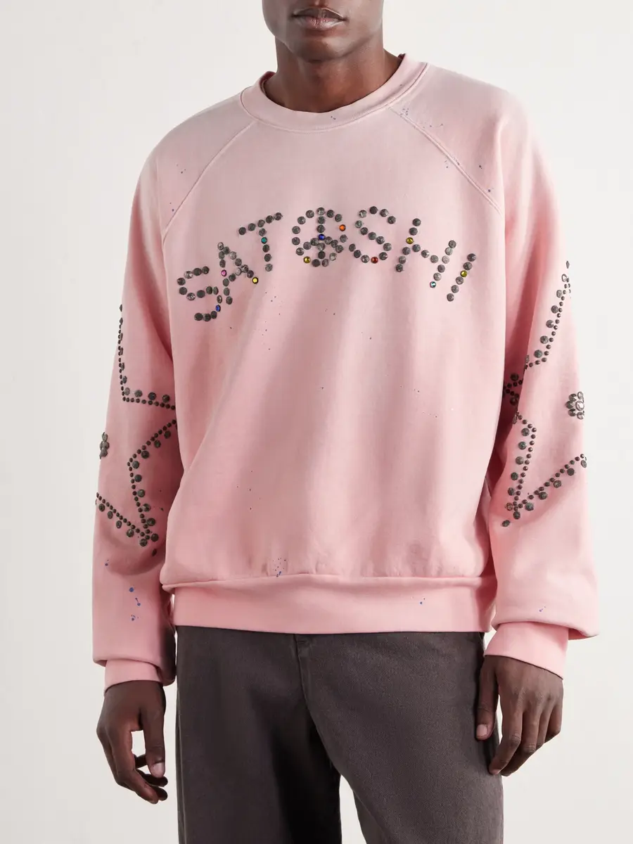 Satoshi Nakamoto Distressed Studded Cotton-Jersey Sweatshirt - Men | Thumbnail 2 Satoshi Nakamoto Distressed Studded Cotton-Jersey Sweatshirt - Men | Thumbnail 2
