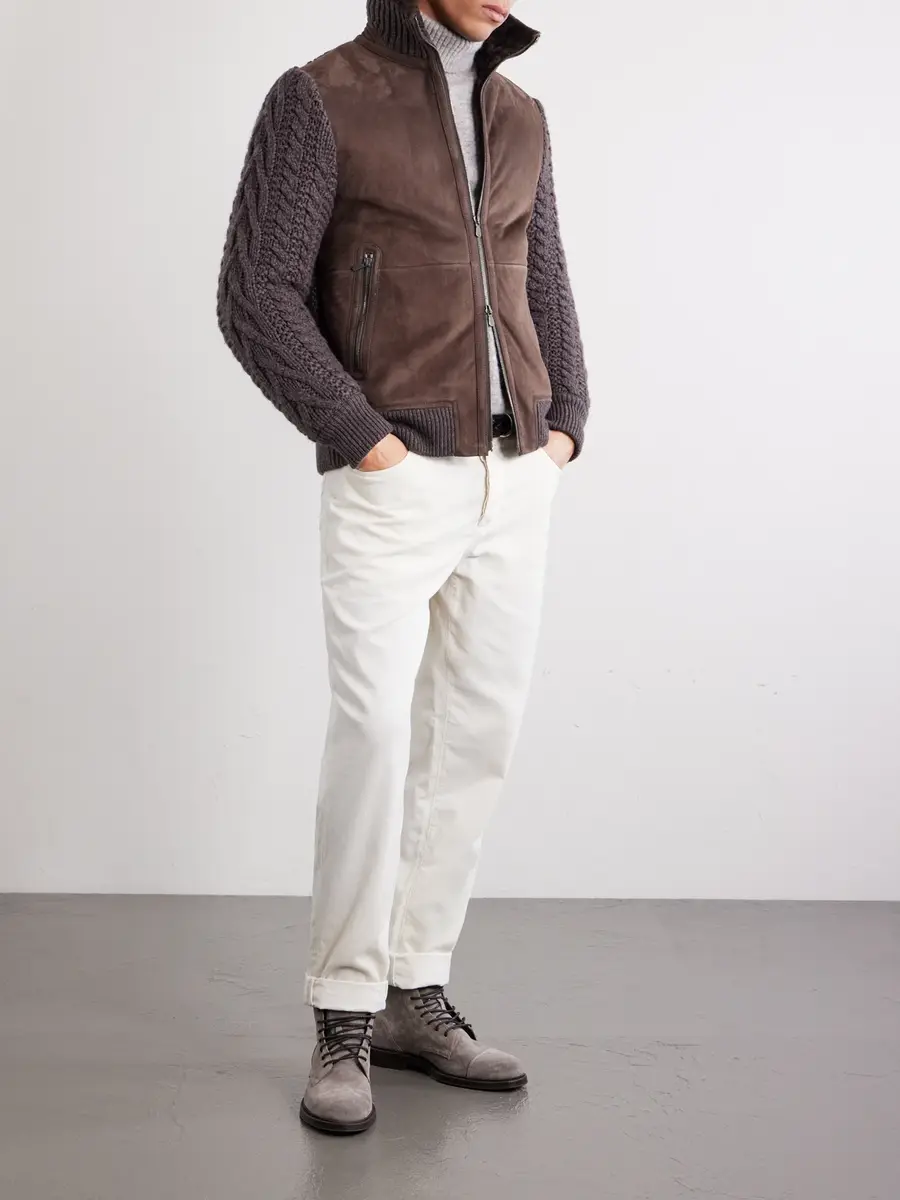Brunello Cucinelli Shearling-Trimmed Cable-Knit Cashmere and Suede Jacket - Men | Thumbnail 2