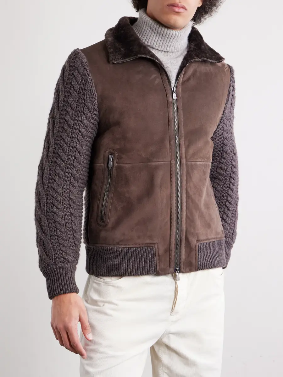 Brunello Cucinelli Shearling-Trimmed Cable-Knit Cashmere and Suede Jacket - Men | Thumbnail 3