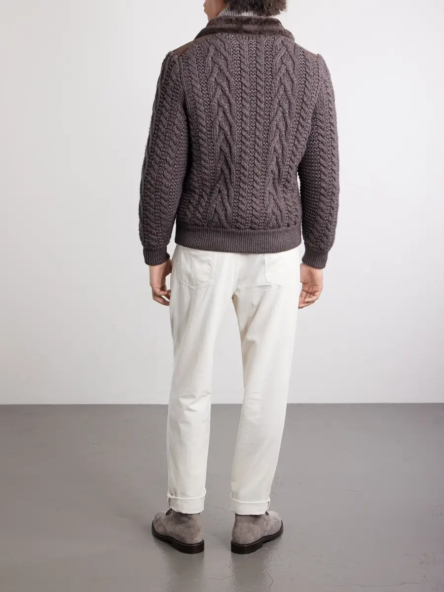 Brunello Cucinelli Shearling-Trimmed Cable-Knit Cashmere and Suede Jacket - Men | Thumbnail 4