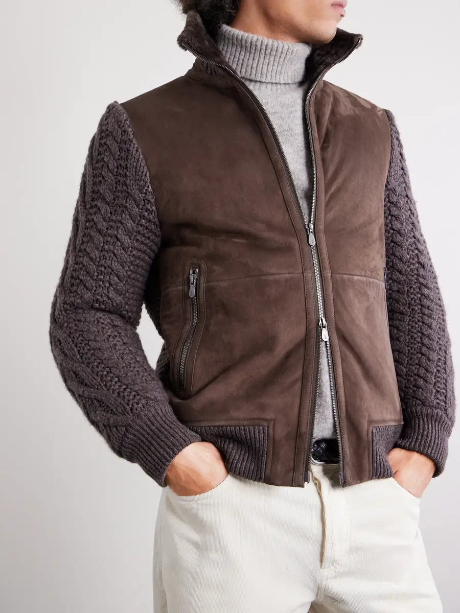 Brunello Cucinelli Shearling-Trimmed Cable-Knit Cashmere and Suede Jacket - Men | Thumbnail 5