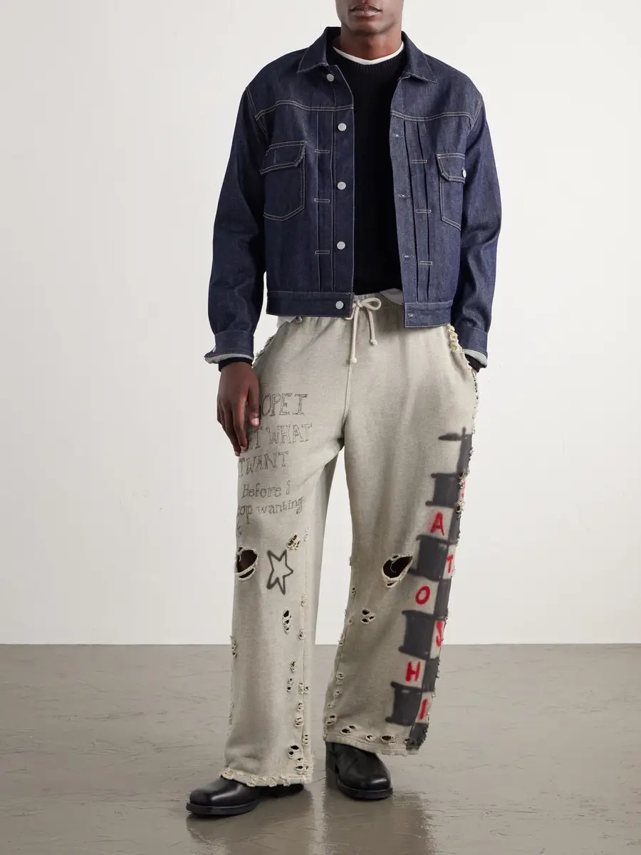 Satoshi Nakamoto Get What I Want Printed Embellished Distressed Cotton-Jersey Sweatpants - Men | Thumbnail 2 Satoshi Nakamoto Get What I Want Printed Embellished Distressed Cotton-Jersey Sweatpants - Men | Thumbnail 2