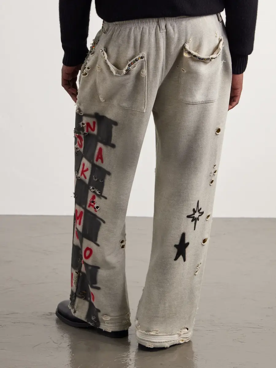 Satoshi Nakamoto Get What I Want Printed Embellished Distressed Cotton-Jersey Sweatpants - Men | Thumbnail 4 Satoshi Nakamoto Get What I Want Printed Embellished Distressed Cotton-Jersey Sweatpants - Men | Thumbnail 4