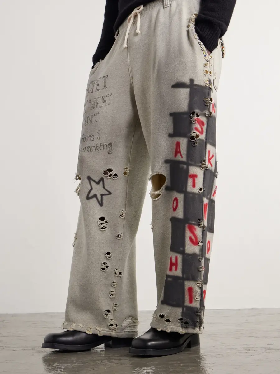 Satoshi Nakamoto Get What I Want Printed Embellished Distressed Cotton-Jersey Sweatpants - Men | Thumbnail 5 Satoshi Nakamoto Get What I Want Printed Embellished Distressed Cotton-Jersey Sweatpants - Men | Thumbnail 5